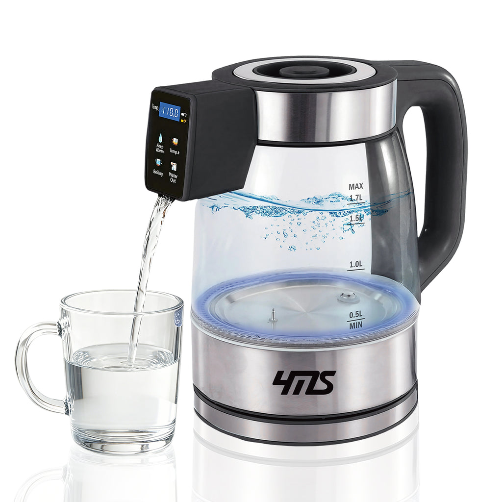 Cordless Portable Electric Kettle with Built-in Battery, 1.7L Smart Glass Tea Kettle, Auto Water Output Anywhere, 1200W Rapid Boil, 4 Temp Control, Constant Warm Function, Dry-Burn Protection, Auto Shut-Off for Home, Office & Travel
