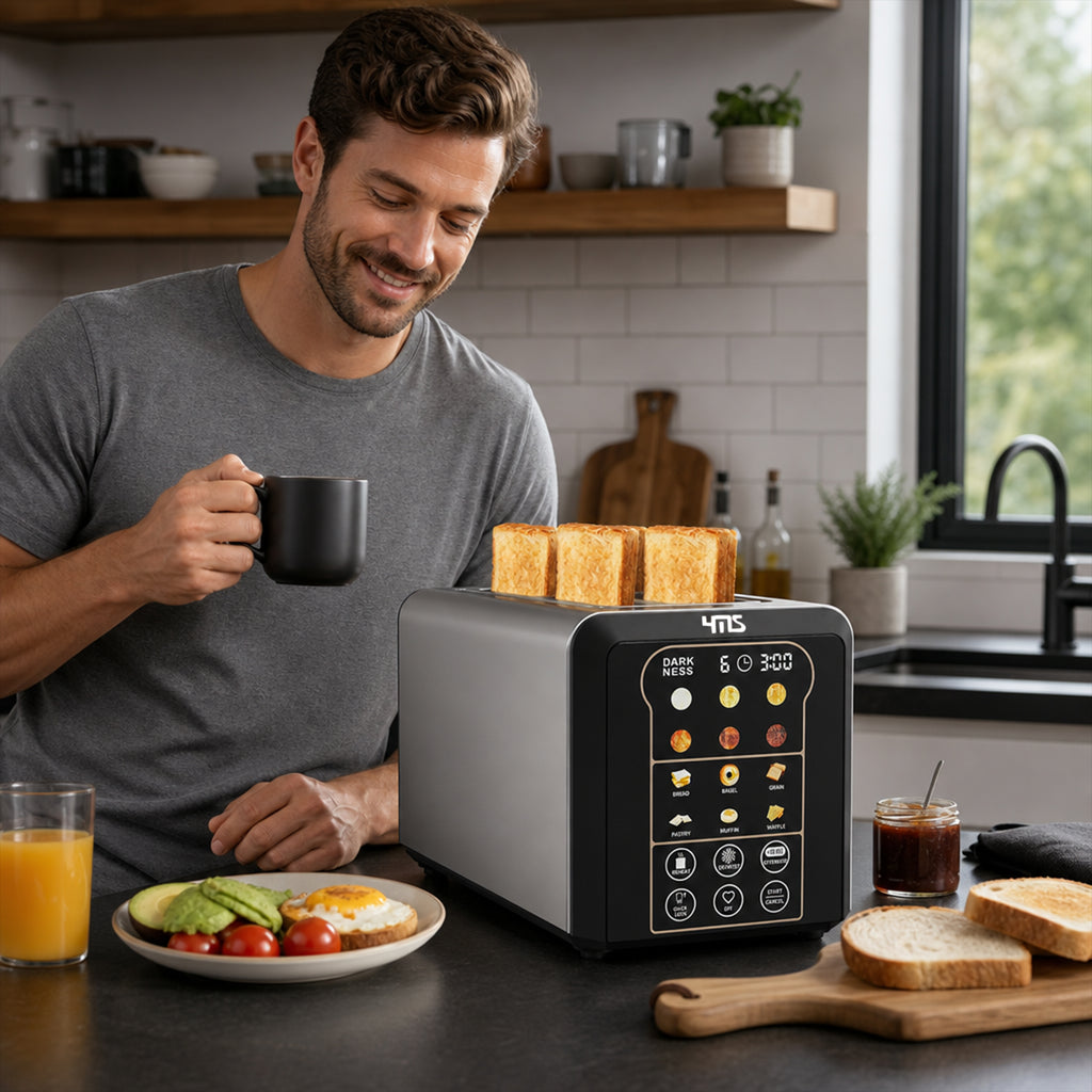 YMS 4-Slice Smart Toaster, Auto Lifting & Touch Control, LED Countdown Timer, Memory Function, 6 Bread Modes & 6 Shade Settings, Defrost/Reheat/Cancel, Stainless Steel, Compact Design for Kitchen, Home, Office & RV, Removable Crumb Tray, Accessories