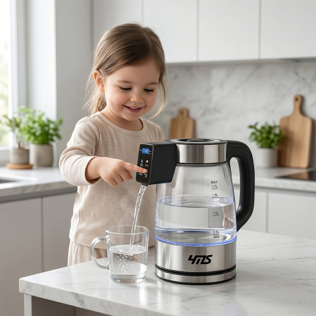 Cordless Portable Electric Kettle with Built-in Battery, 1.7L Smart Glass Tea Kettle, Auto Water Output Anywhere, 1200W Rapid Boil, 4 Temp Control, Constant Warm Function, Dry-Burn Protection, Auto Shut-Off for Home, Office & Travel