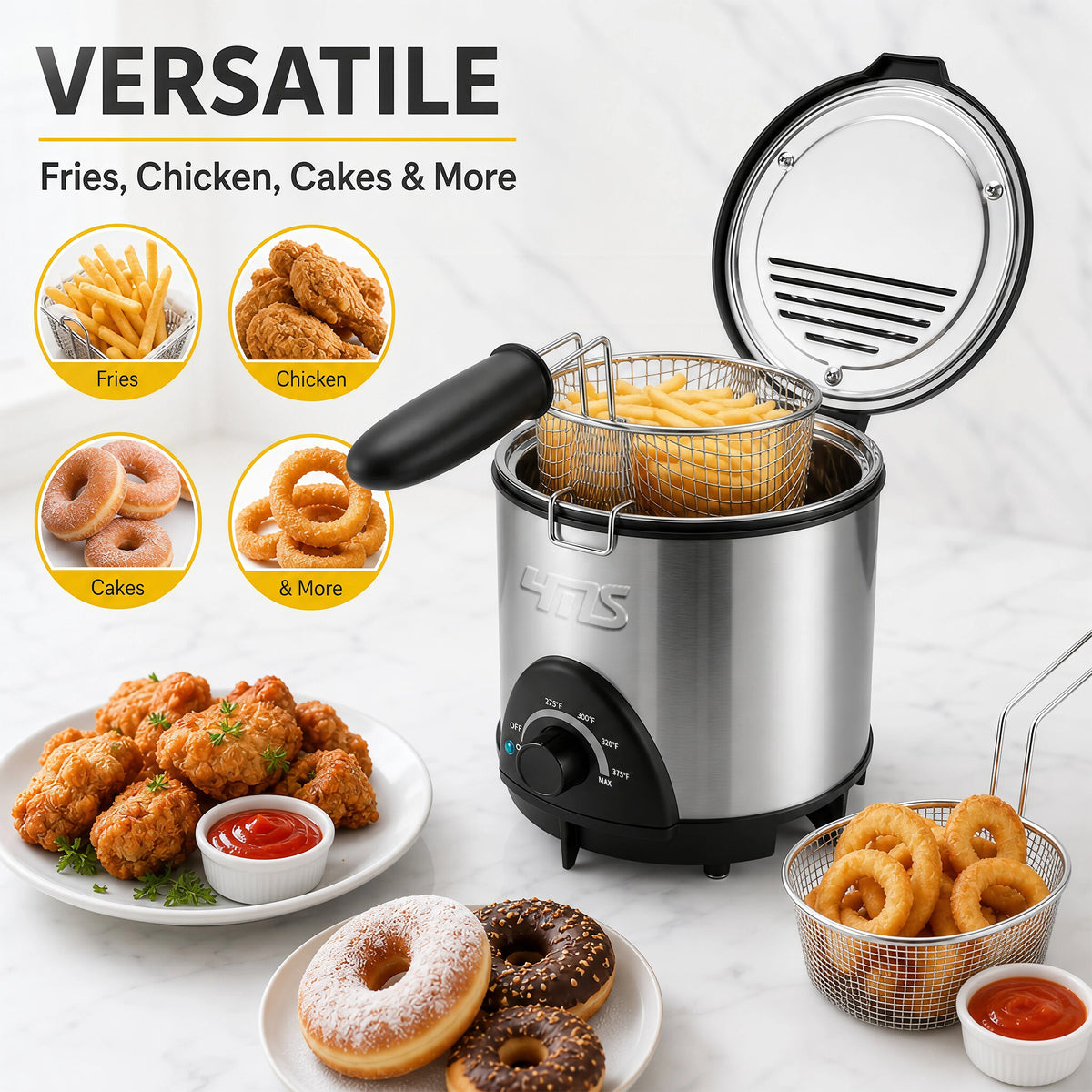 YMS 1.5QT Small Deep Fryer with Basket, 700W Mini Electric Fryer Pot for 1-2 People. Stainless Steel, Adjustable Temperature Control, Nonstick Pot & Splatter-Proof Lid. Space-Saving Compact Countertop, kitchen accessories, toaster oven, deep fryer
