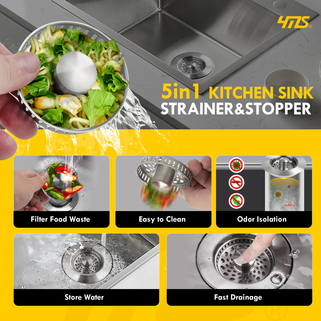 5-in-1 Stainless Steel Sink Aid, Kitchen Sink Drain Strainer Food Catcher, Popup Kitchen Sink Stopper & Odor Filter, Kitchen Sink Strainer Accessories with Drain Basket