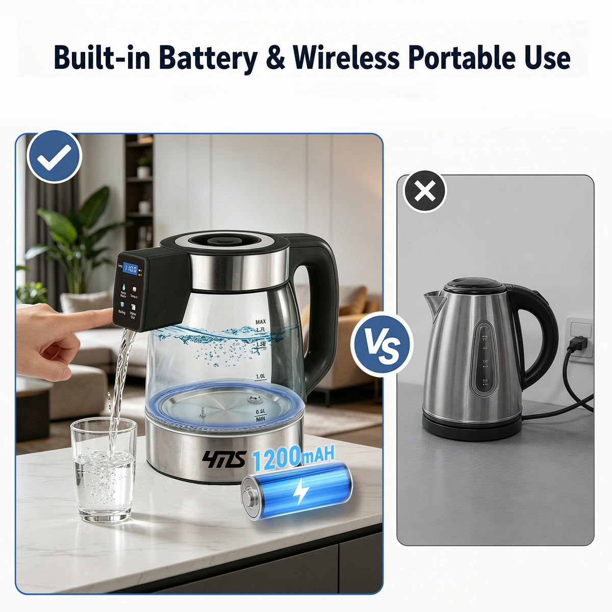 Cordless Portable Electric Kettle with Built-in Battery, 1.7L Smart Glass Tea Kettle, Auto Water Output Anywhere, 1200W Rapid Boil, 4 Temp Control, Constant Warm Function, Dry-Burn Protection, Auto Shut-Off for Home, Office & Travel