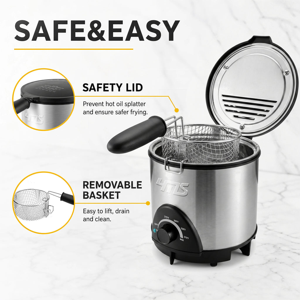 YMS 1.5QT Small Deep Fryer with Basket, 700W Mini Electric Fryer Pot for 1-2 People. Stainless Steel, Adjustable Temperature Control, Nonstick Pot & Splatter-Proof Lid. Space-Saving Compact Countertop, kitchen accessories, toaster oven, deep fryer