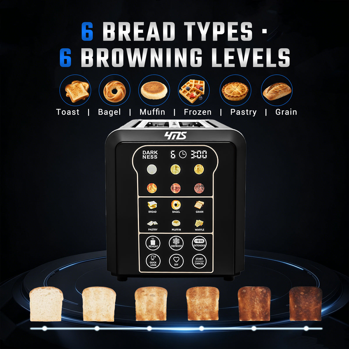 YMS 4-Slice Smart Toaster, Auto Lifting & Touch Control, LED Countdown Timer, Memory Function, 6 Bread Modes & 6 Shade Settings, Defrost/Reheat/Cancel, Stainless Steel, Compact Design for Kitchen, Home, Office & RV, Removable Crumb Tray, Accessories