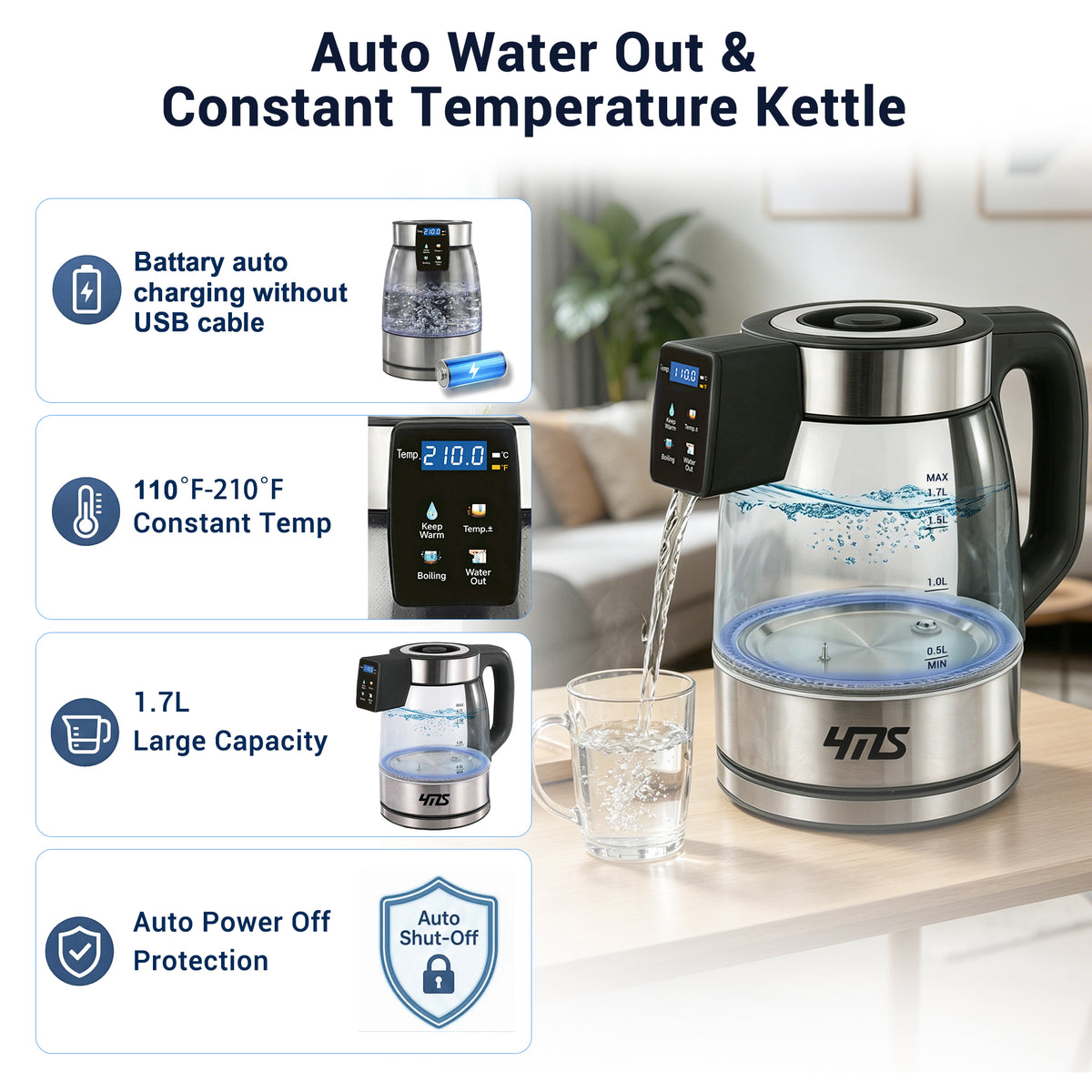 Cordless Portable Electric Kettle with Built-in Battery, 1.7L Smart Glass Tea Kettle, Auto Water Output Anywhere, 1200W Rapid Boil, 4 Temp Control, Constant Warm Function, Dry-Burn Protection, Auto Shut-Off for Home, Office & Travel