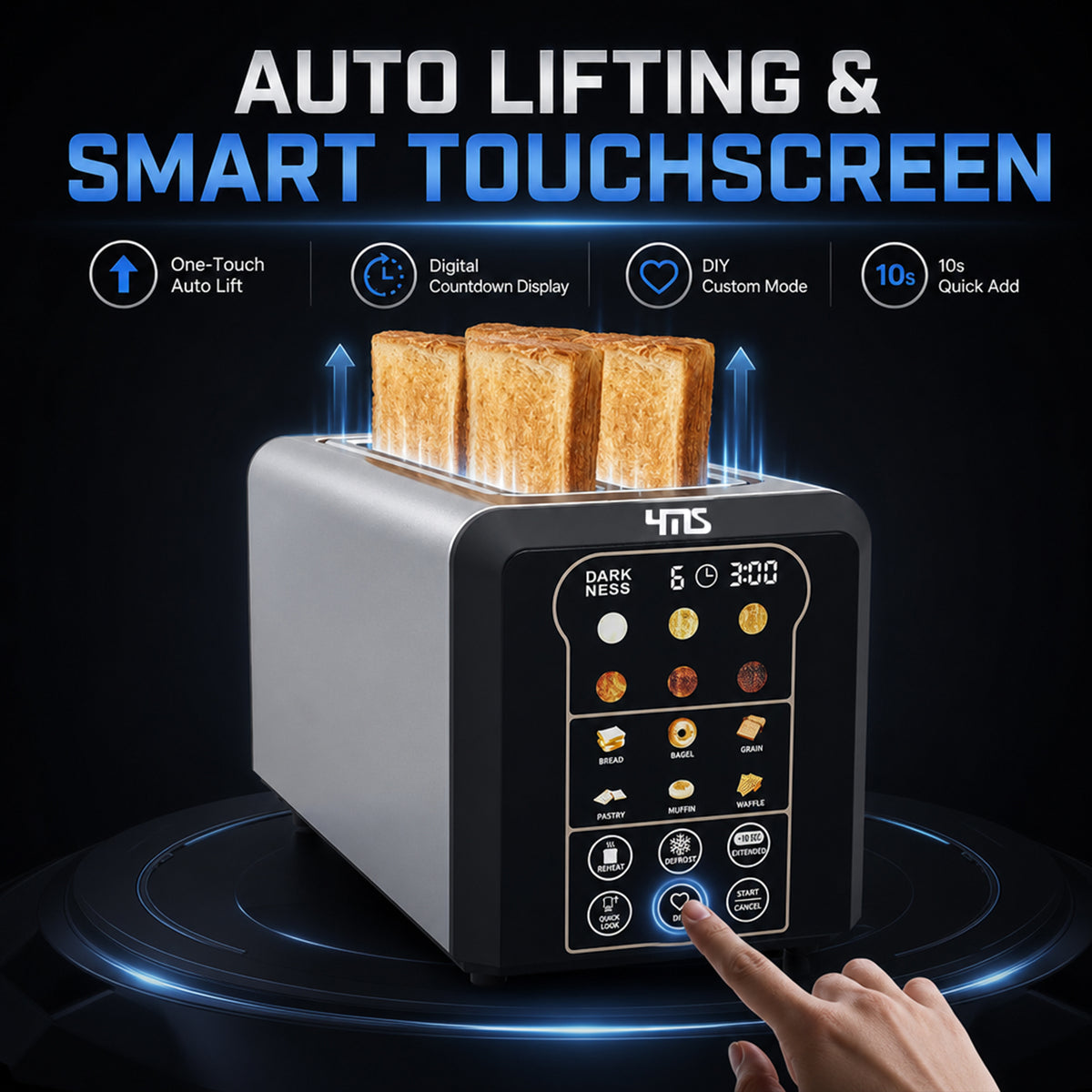 YMS 4-Slice Smart Toaster, Auto Lifting & Touch Control, LED Countdown Timer, Memory Function, 6 Bread Modes & 6 Shade Settings, Defrost/Reheat/Cancel, Stainless Steel, Compact Design for Kitchen, Home, Office & RV, Removable Crumb Tray, Accessories