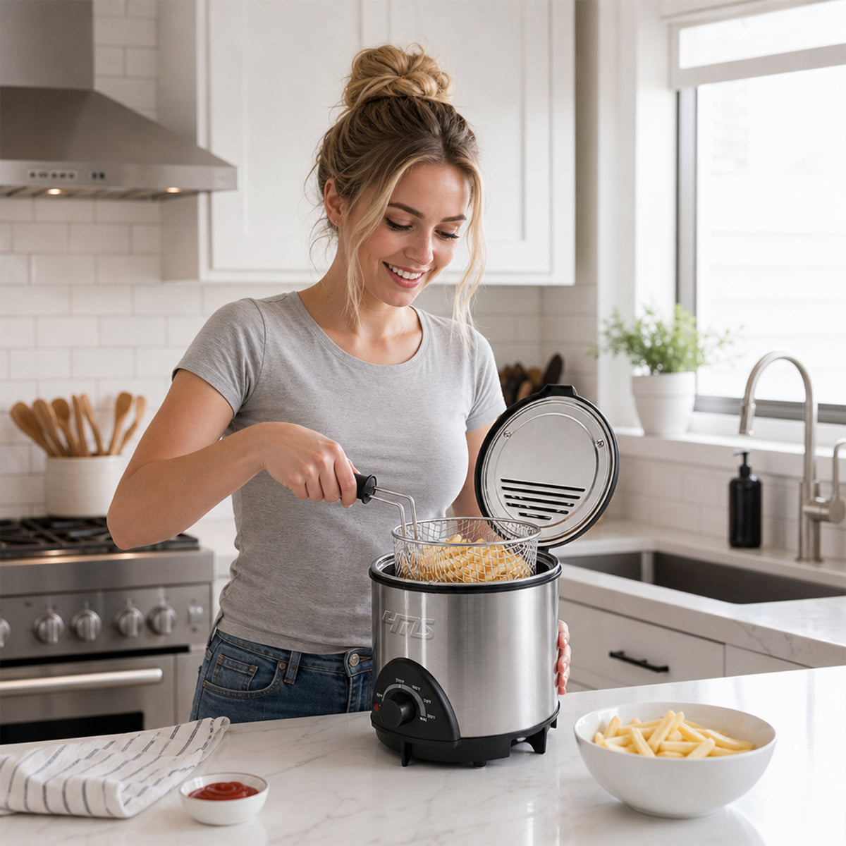YMS 1.5QT Small Deep Fryer with Basket, 700W Mini Electric Fryer Pot for 1-2 People. Stainless Steel, Adjustable Temperature Control, Nonstick Pot & Splatter-Proof Lid. Space-Saving Compact Countertop, kitchen accessories, toaster oven, deep fryer