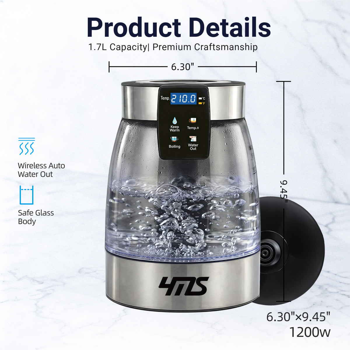 Cordless Portable Electric Kettle with Built-in Battery, 1.7L Smart Glass Tea Kettle, Auto Water Output Anywhere, 1200W Rapid Boil, 4 Temp Control, Constant Warm Function, Dry-Burn Protection, Auto Shut-Off for Home, Office & Travel