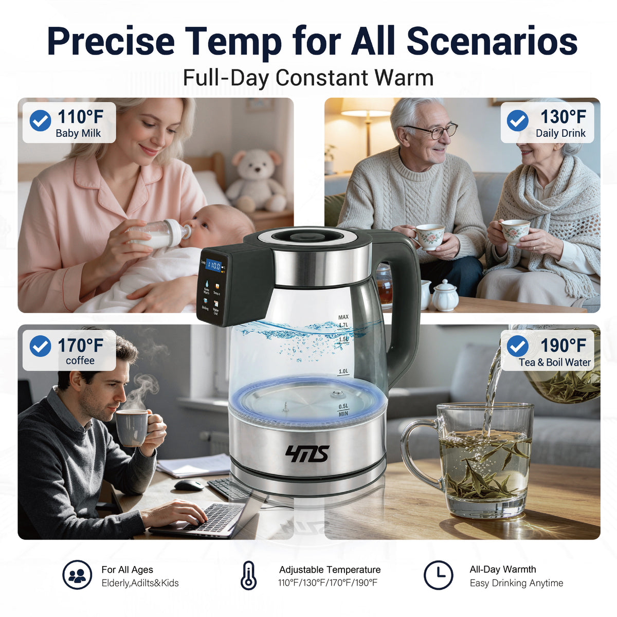 Cordless Portable Electric Kettle with Built-in Battery, 1.7L Smart Glass Tea Kettle, Auto Water Output Anywhere, 1200W Rapid Boil, 4 Temp Control, Constant Warm Function, Dry-Burn Protection, Auto Shut-Off for Home, Office & Travel