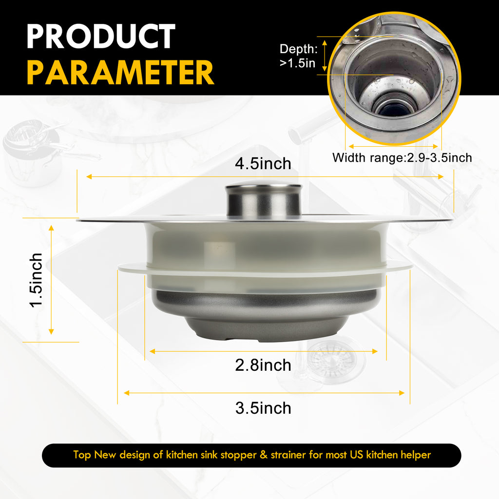 5-in-1 Stainless Steel Sink Aid, Kitchen Sink Drain Strainer Food Catcher, Popup Kitchen Sink Stopper & Odor Filter, Kitchen Sink Strainer Accessories with Drain Basket