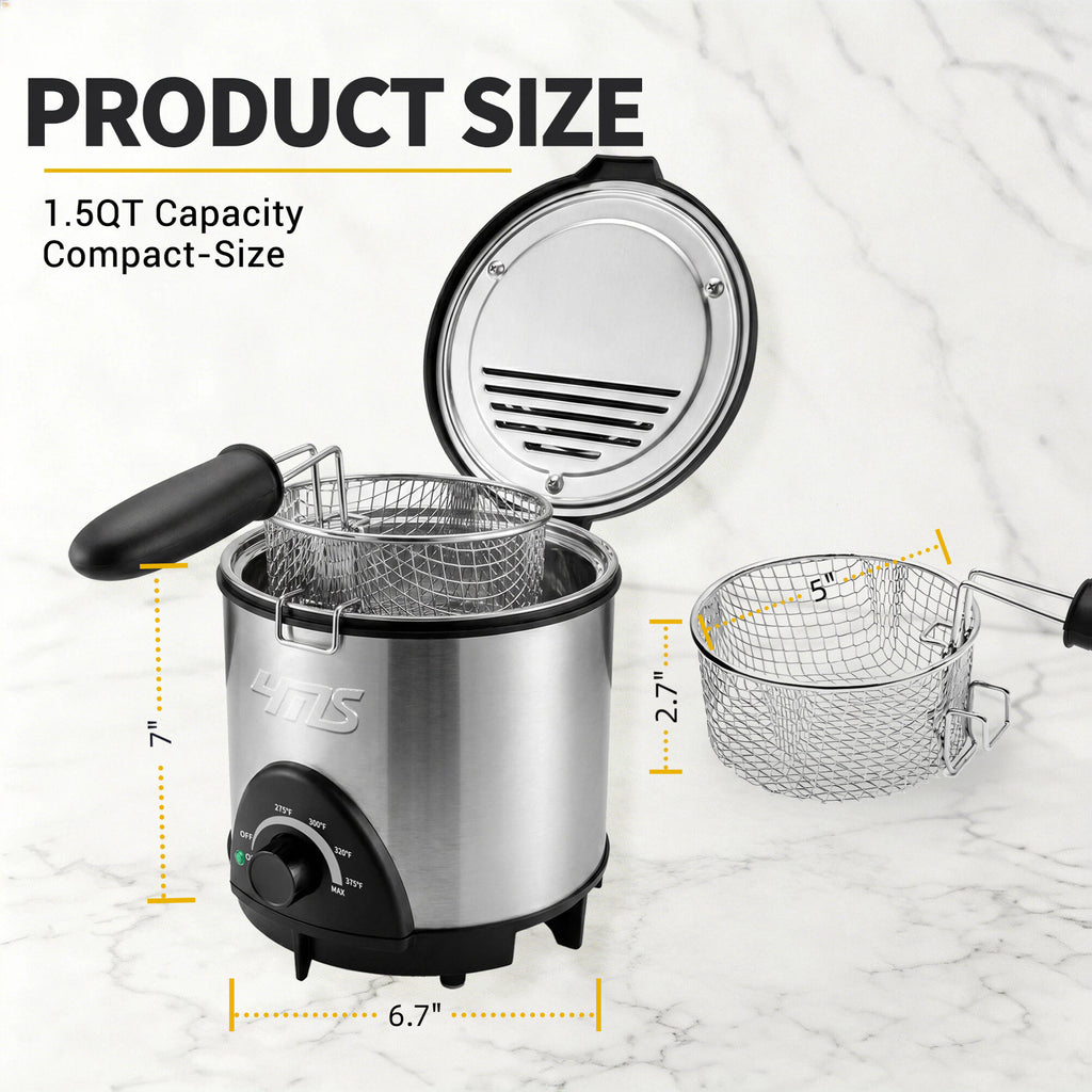YMS 1.5QT Small Deep Fryer with Basket, 700W Mini Electric Fryer Pot for 1-2 People. Stainless Steel, Adjustable Temperature Control, Nonstick Pot & Splatter-Proof Lid. Space-Saving Compact Countertop, kitchen accessories, toaster oven, deep fryer