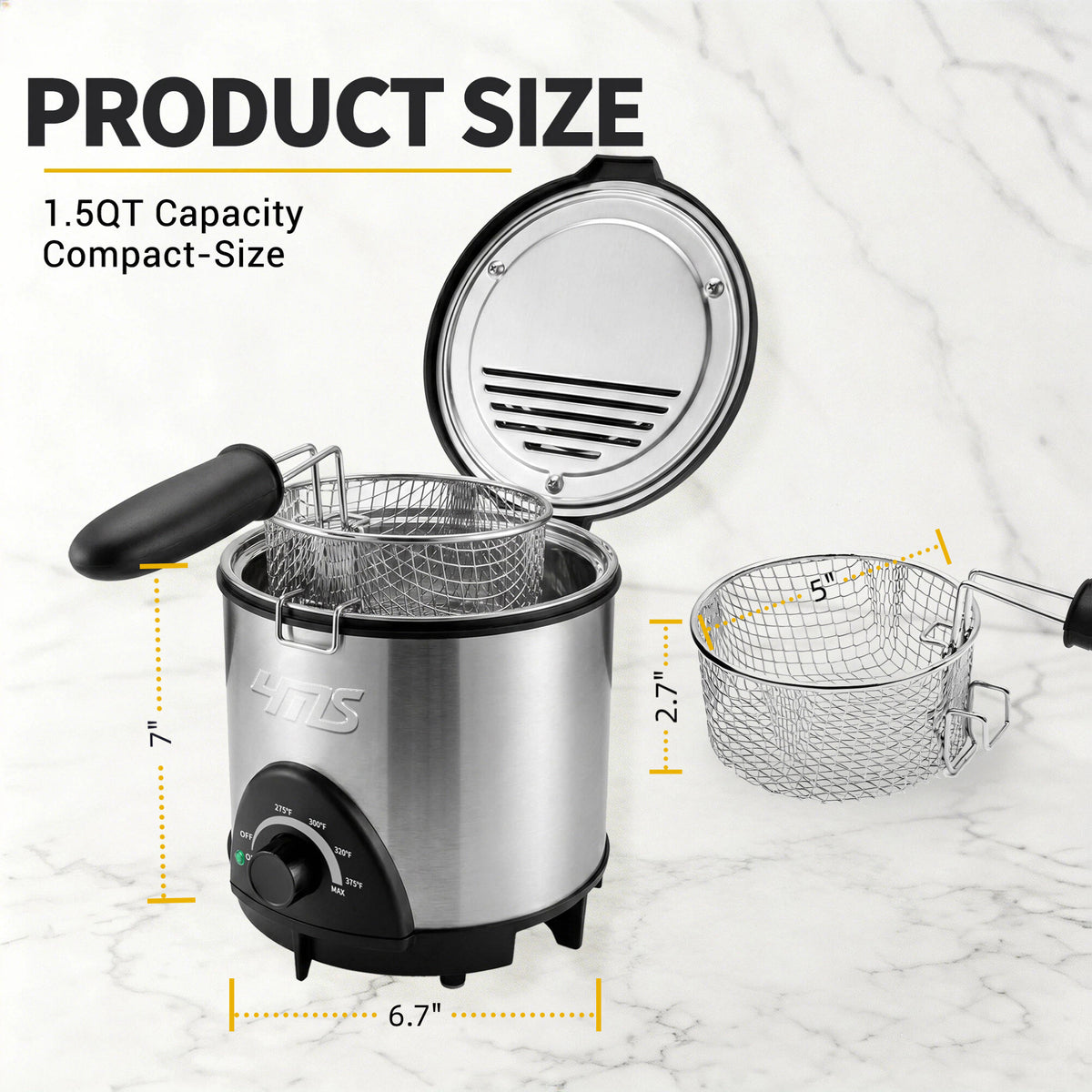 YMS 1.5QT Small Deep Fryer with Basket, 700W Mini Electric Fryer Pot for 1-2 People. Stainless Steel, Adjustable Temperature Control, Nonstick Pot & Splatter-Proof Lid. Space-Saving Compact Countertop, kitchen accessories, toaster oven, deep fryer