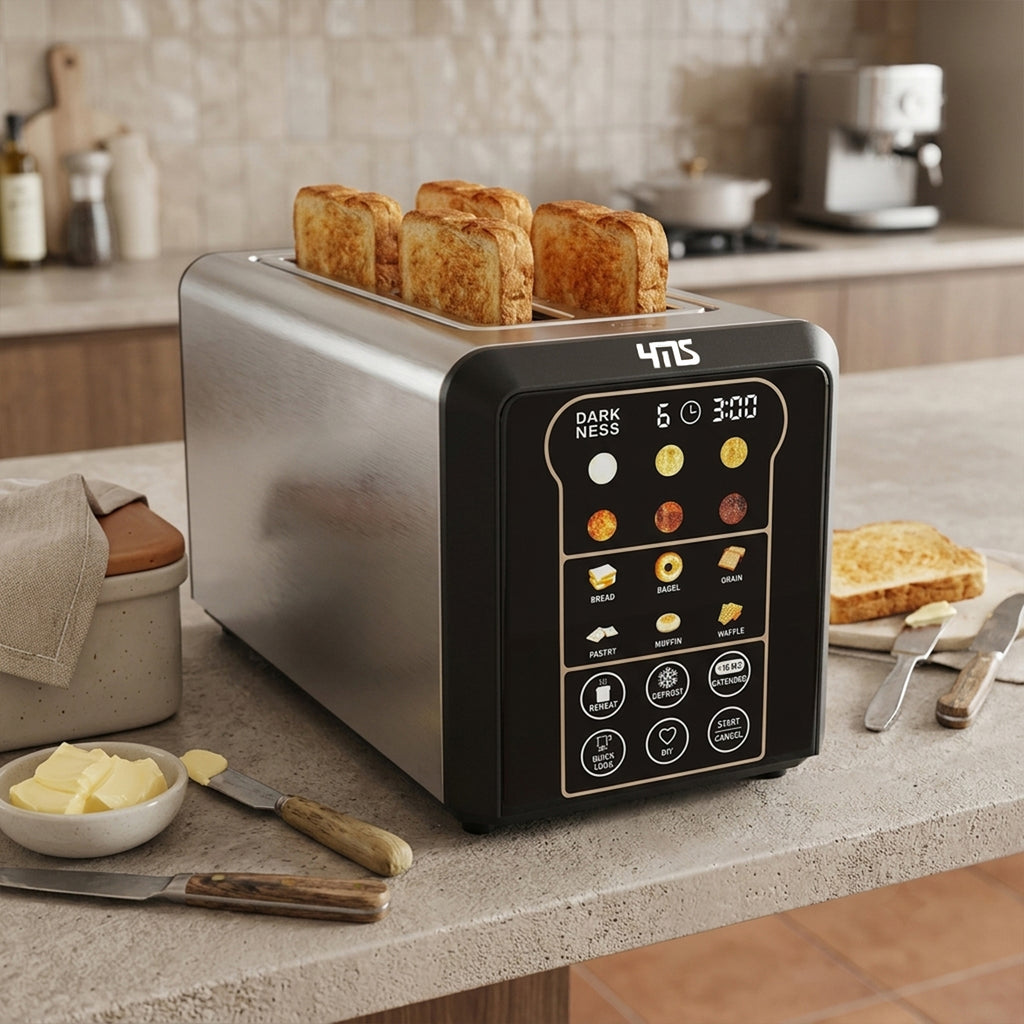 YMS 4-Slice Smart Toaster, Auto Lifting & Touch Control, LED Countdown Timer, Memory Function, 6 Bread Modes & 6 Shade Settings, Defrost/Reheat/Cancel, Stainless Steel, Compact Design for Kitchen, Home, Office & RV, Removable Crumb Tray, Accessories