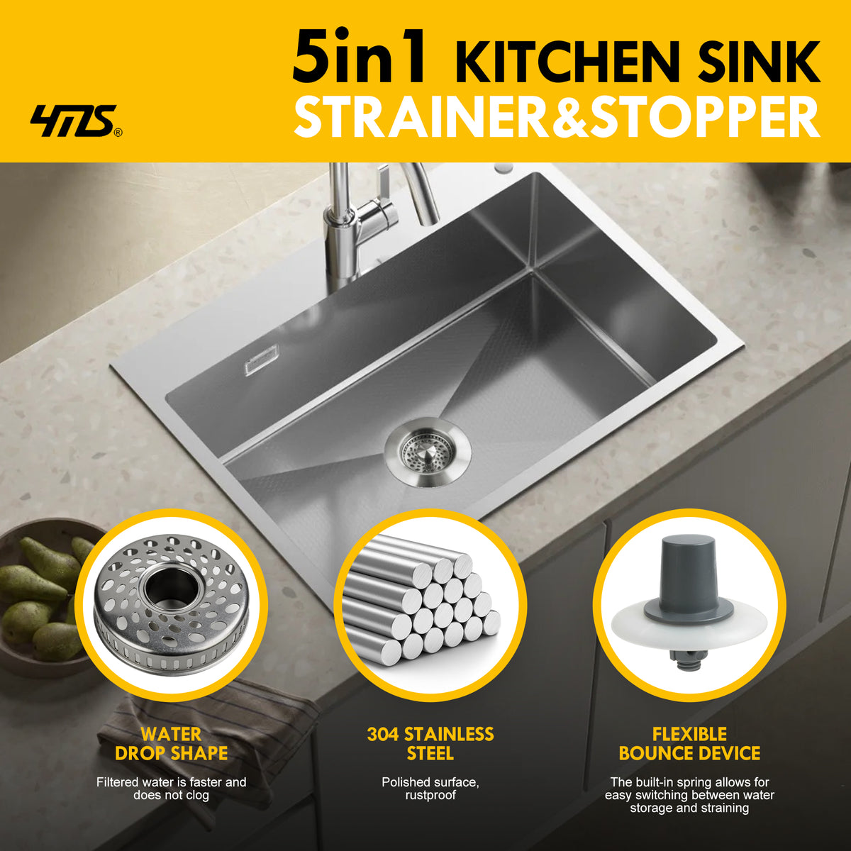 5-in-1 Stainless Steel Sink Aid, Kitchen Sink Drain Strainer Food Catcher, Popup Kitchen Sink Stopper & Odor Filter, Kitchen Sink Strainer Accessories with Drain Basket
