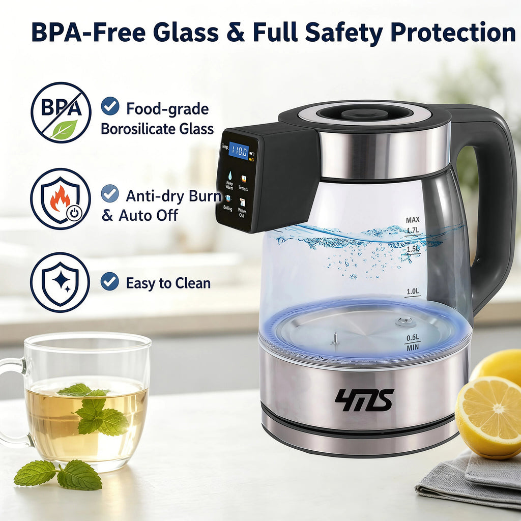 Cordless Portable Electric Kettle with Built-in Battery, 1.7L Smart Glass Tea Kettle, Auto Water Output Anywhere, 1200W Rapid Boil, 4 Temp Control, Constant Warm Function, Dry-Burn Protection, Auto Shut-Off for Home, Office & Travel