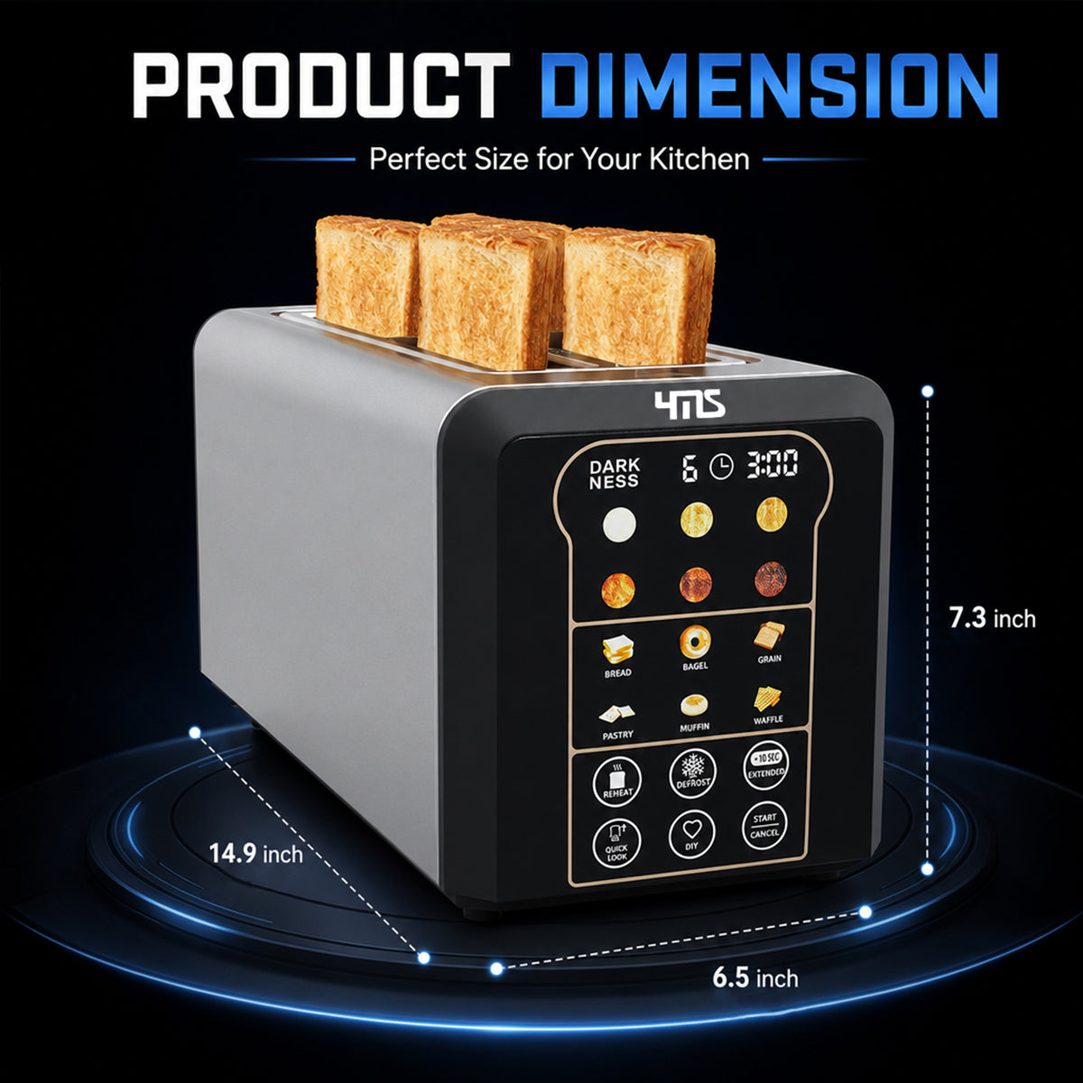 YMS 4-Slice Smart Toaster, Auto Lifting & Touch Control, LED Countdown Timer, Memory Function, 6 Bread Modes & 6 Shade Settings, Defrost/Reheat/Cancel, Stainless Steel, Compact Design for Kitchen, Home, Office & RV, Removable Crumb Tray, Accessories