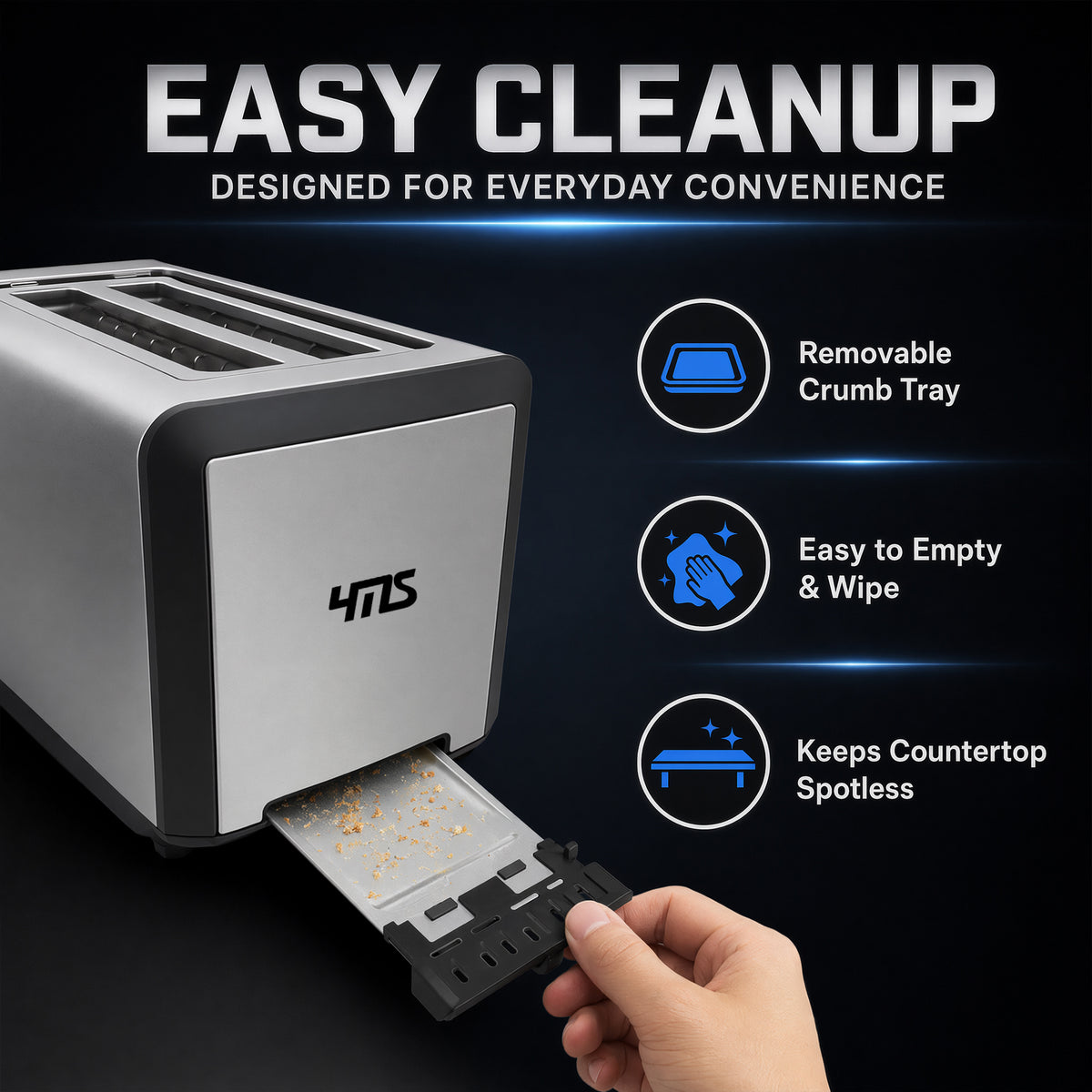 YMS 4-Slice Smart Toaster, Auto Lifting & Touch Control, LED Countdown Timer, Memory Function, 6 Bread Modes & 6 Shade Settings, Defrost/Reheat/Cancel, Stainless Steel, Compact Design for Kitchen, Home, Office & RV, Removable Crumb Tray, Accessories