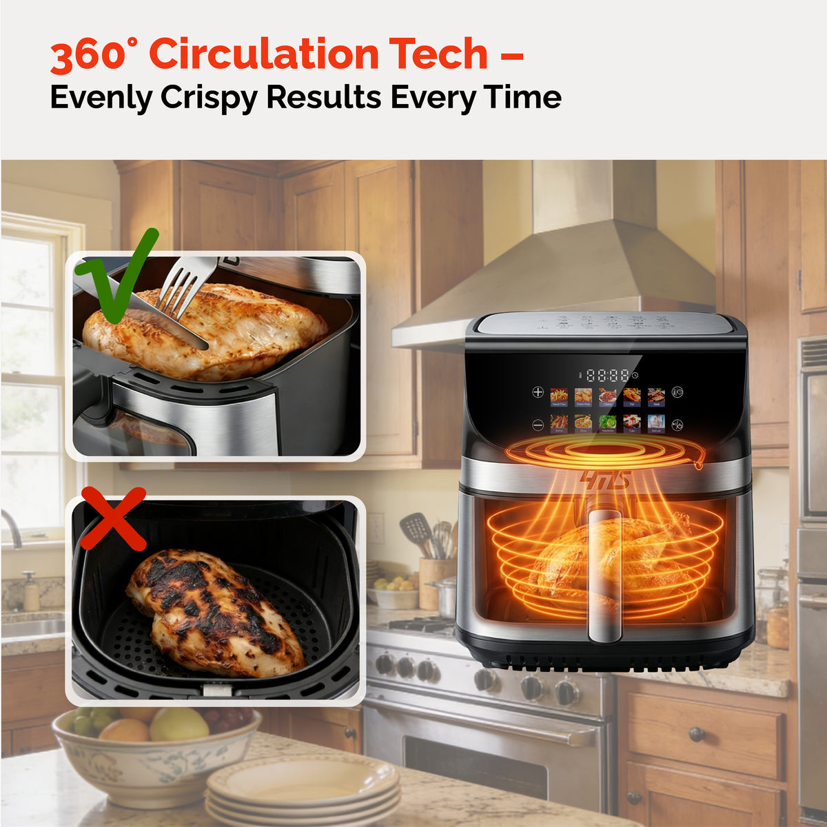 YMS 9L Air Fryer With Smart Touch Screen, Color Icons & Viewable Window, 10 Preset Recipes & Manual Adjustments, Dishwasher-safe Basket, Family & Party Size, Multifunctional Toaster Oven