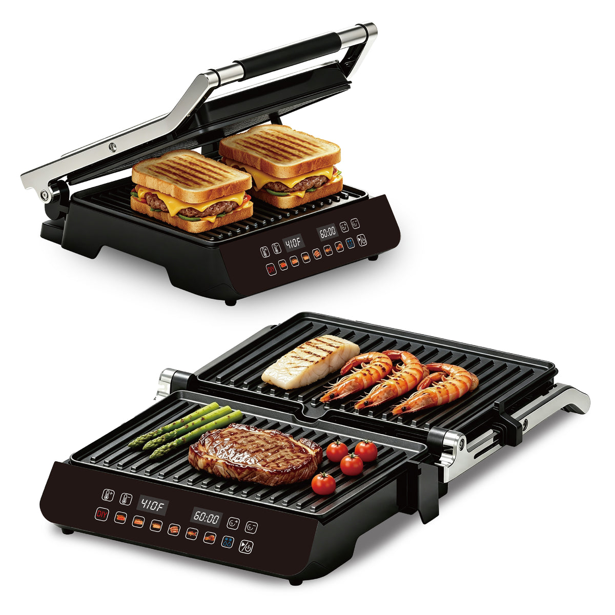 Multipurpose Electric Panini Press Grill with LED Touch Control Panel, 8 Grilling Modes And Temperature Control, 180° Opening Design, Non-Stick Plates, Safety Lock And Grease Tray, Indoor Electric Grill for Steaks, Burgers And More Grilled Foods