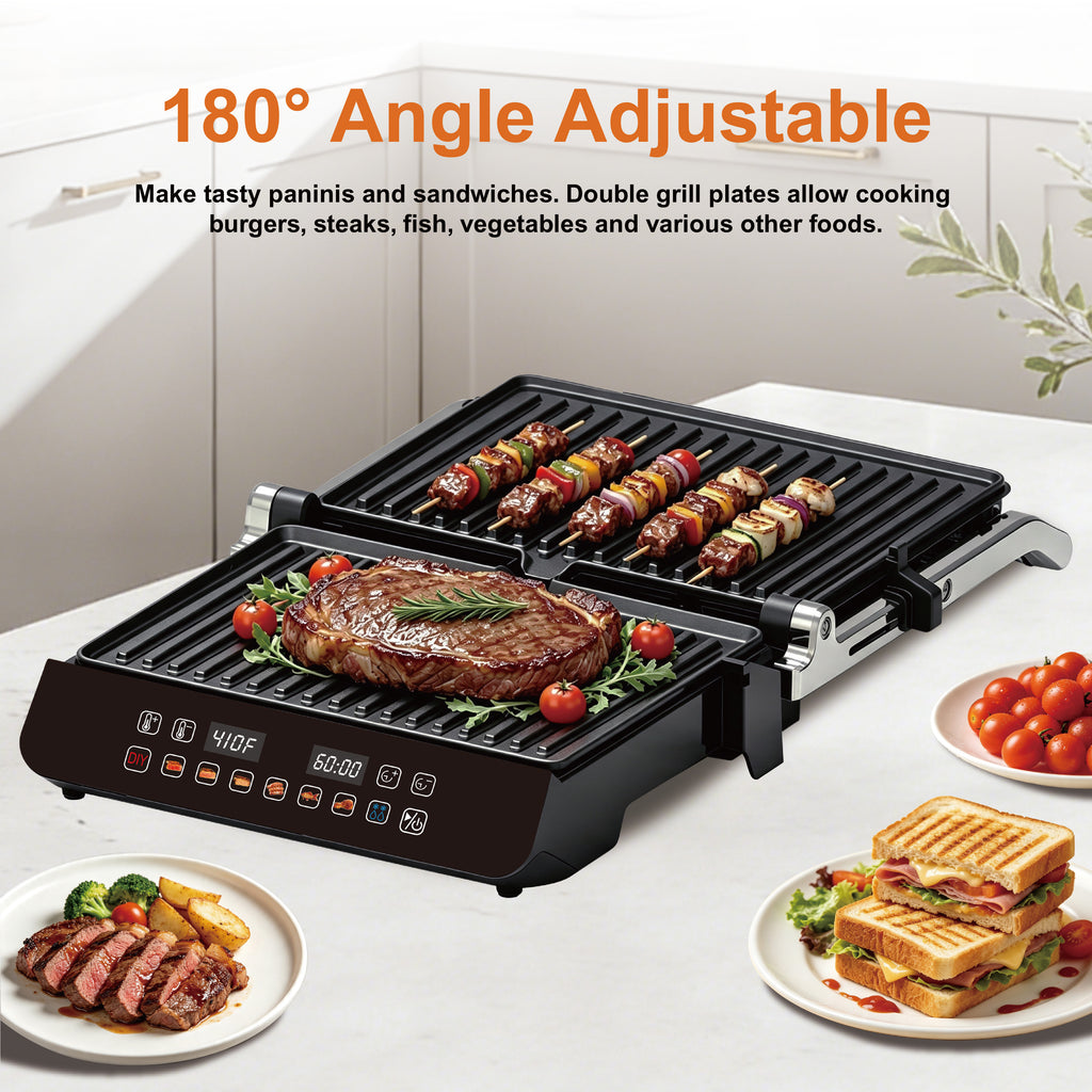 Multipurpose Electric Panini Press Grill with LED Touch Control Panel, 8 Grilling Modes And Temperature Control, 180° Opening Design, Non-Stick Plates, Safety Lock And Grease Tray, Indoor Electric Grill for Steaks, Burgers And More Grilled Foods