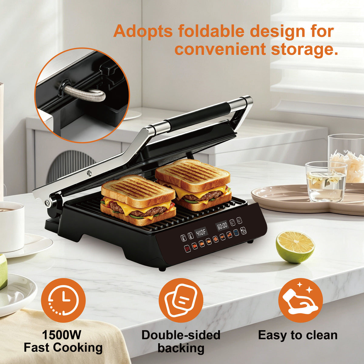 Multipurpose Electric Panini Press Grill with LED Touch Control Panel, 8 Grilling Modes And Temperature Control, 180° Opening Design, Non-Stick Plates, Safety Lock And Grease Tray, Indoor Electric Grill for Steaks, Burgers And More Grilled Foods