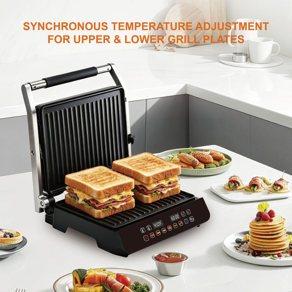 Multipurpose Electric Panini Press Grill with LED Touch Control Panel, 8 Grilling Modes And Temperature Control, 180° Opening Design, Non-Stick Plates, Safety Lock And Grease Tray, Indoor Electric Grill for Steaks, Burgers And More Grilled Foods