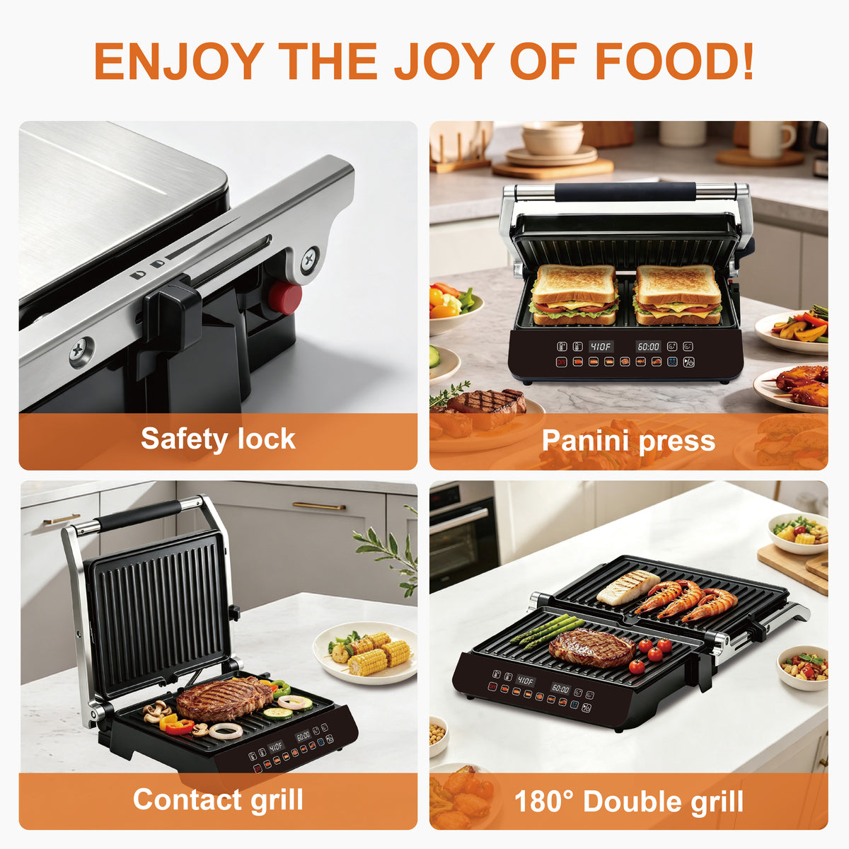 Multipurpose Electric Panini Press Grill with LED Touch Control Panel, 8 Grilling Modes And Temperature Control, 180° Opening Design, Non-Stick Plates, Safety Lock And Grease Tray, Indoor Electric Grill for Steaks, Burgers And More Grilled Foods