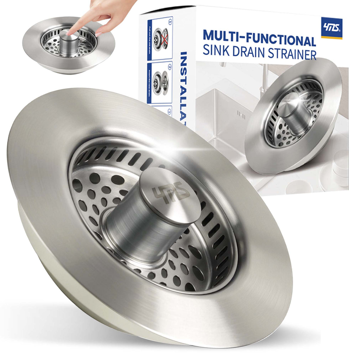 5-in-1 Stainless Steel Sink Aid, Kitchen Sink Drain Strainer Food Catcher, Popup Kitchen Sink Stopper & Odor Filter, Kitchen Sink Strainer Accessories with Drain Basket