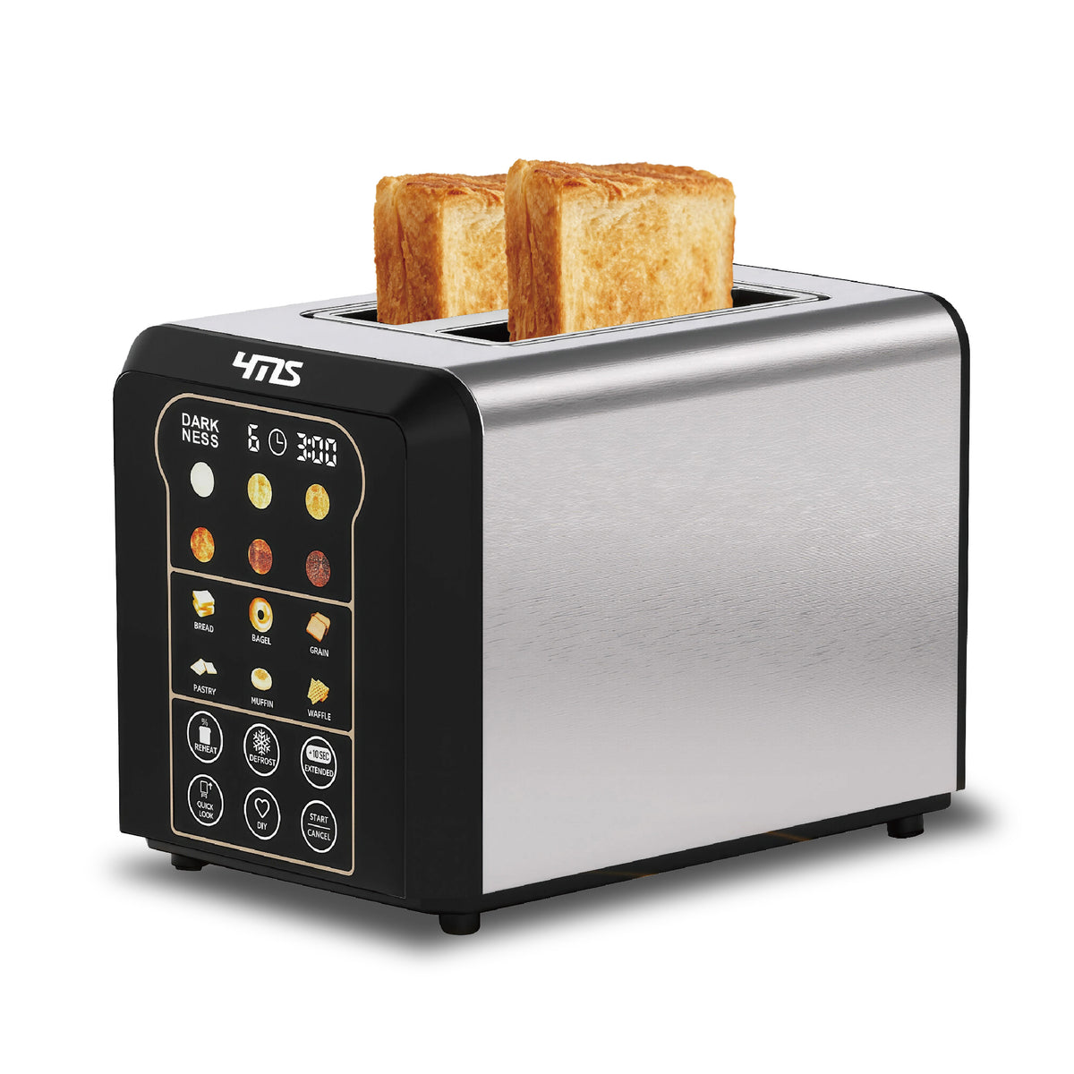 YMS 2 Slice Toaster, YMS Smart Stainless Steel Toaster with Touch Screen, Auto Lifting, Digital Timer & Memory, 6 Shade Settings, 6 Bread Modes, Defrost/Reheat/Bagel, Compact Small Toaster for Kitchen, RV, Office, Apartment, Dorm Essentials