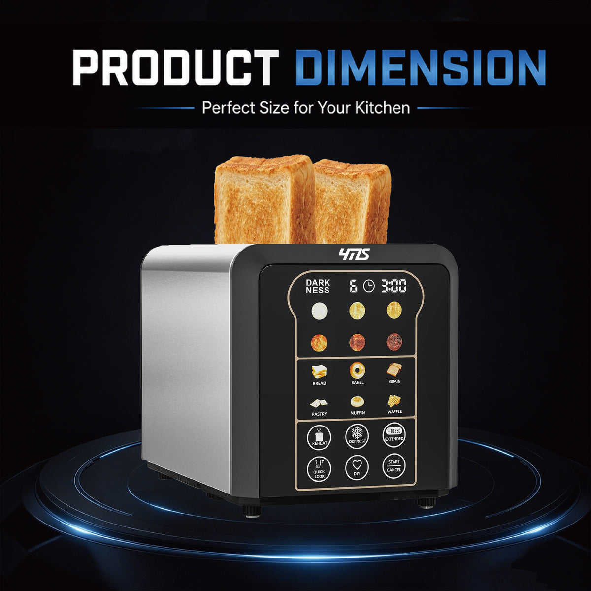 YMS 2 Slice Toaster, YMS Smart Stainless Steel Toaster with Touch Screen, Auto Lifting, Digital Timer & Memory, 6 Shade Settings, 6 Bread Modes, Defrost/Reheat/Bagel, Compact Small Toaster for Kitchen, RV, Office, Apartment, Dorm Essentials