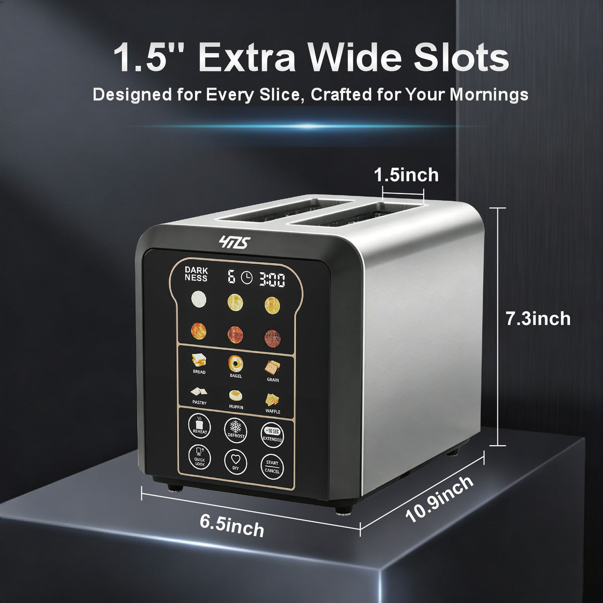 YMS 2 Slice Toaster, YMS Smart Stainless Steel Toaster with Touch Screen, Auto Lifting, Digital Timer & Memory, 6 Shade Settings, 6 Bread Modes, Defrost/Reheat/Bagel, Compact Small Toaster for Kitchen, RV, Office, Apartment, Dorm Essentials