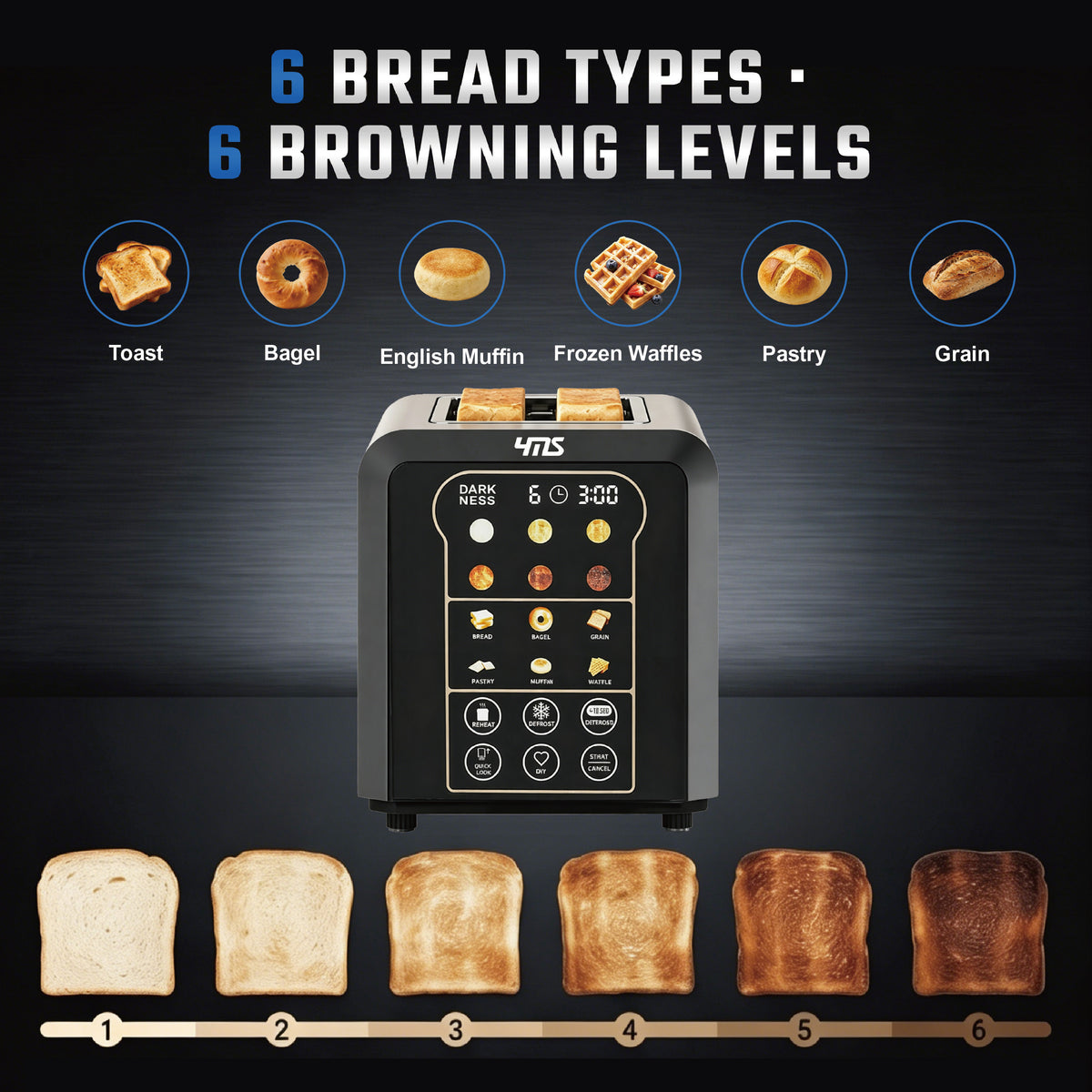 YMS 2 Slice Toaster, YMS Smart Stainless Steel Toaster with Touch Screen, Auto Lifting, Digital Timer & Memory, 6 Shade Settings, 6 Bread Modes, Defrost/Reheat/Bagel, Compact Small Toaster for Kitchen, RV, Office, Apartment, Dorm Essentials