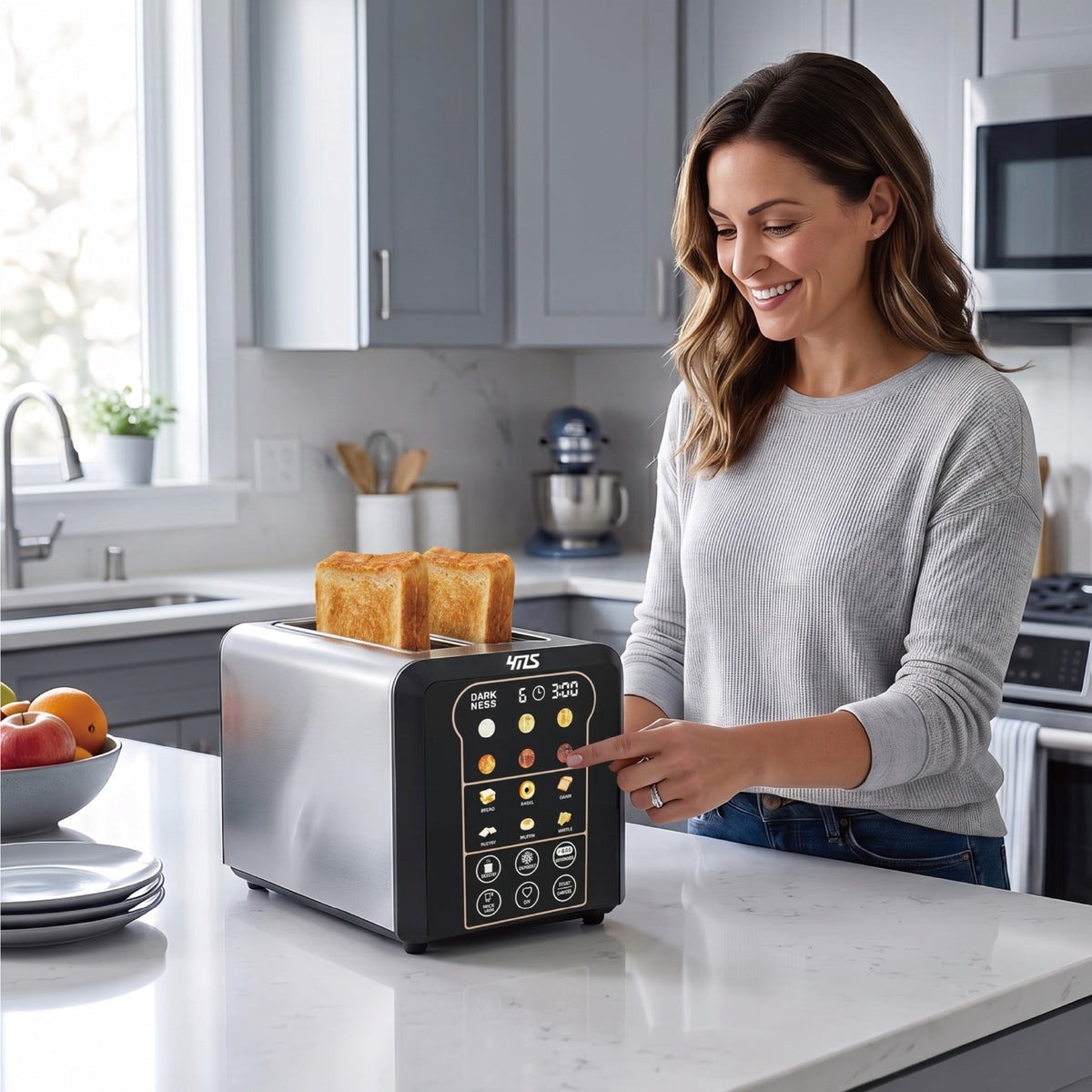 YMS 2 Slice Toaster, YMS Smart Stainless Steel Toaster with Touch Screen, Auto Lifting, Digital Timer & Memory, 6 Shade Settings, 6 Bread Modes, Defrost/Reheat/Bagel, Compact Small Toaster for Kitchen, RV, Office, Apartment, Dorm Essentials
